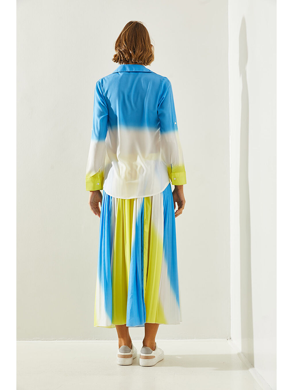 Mavi Kadın Piliseli Beli Lastikli Etek Gömlekli Alt Üst Takım-4