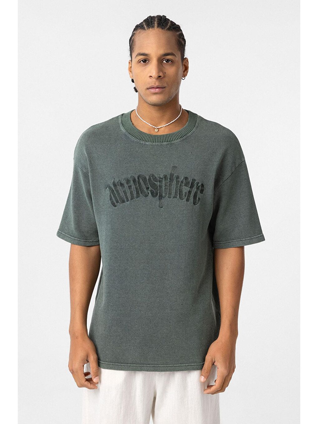 Yıkamalı Oversize Baskılı Tişört Yeşil-2