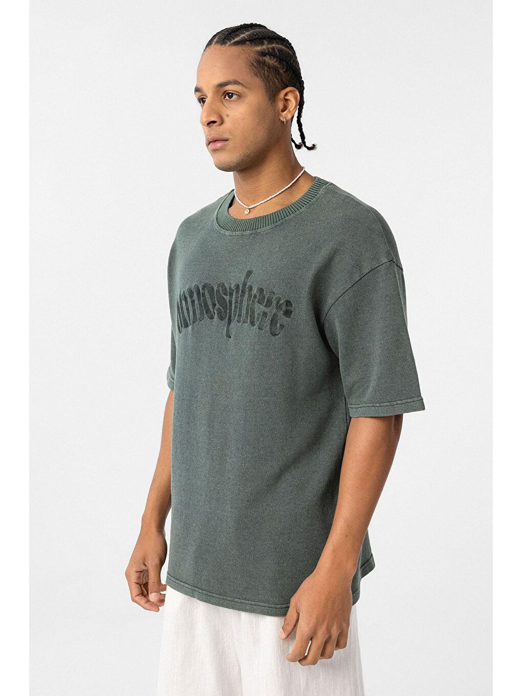 Yıkamalı Oversize Baskılı Tişört Yeşil-3