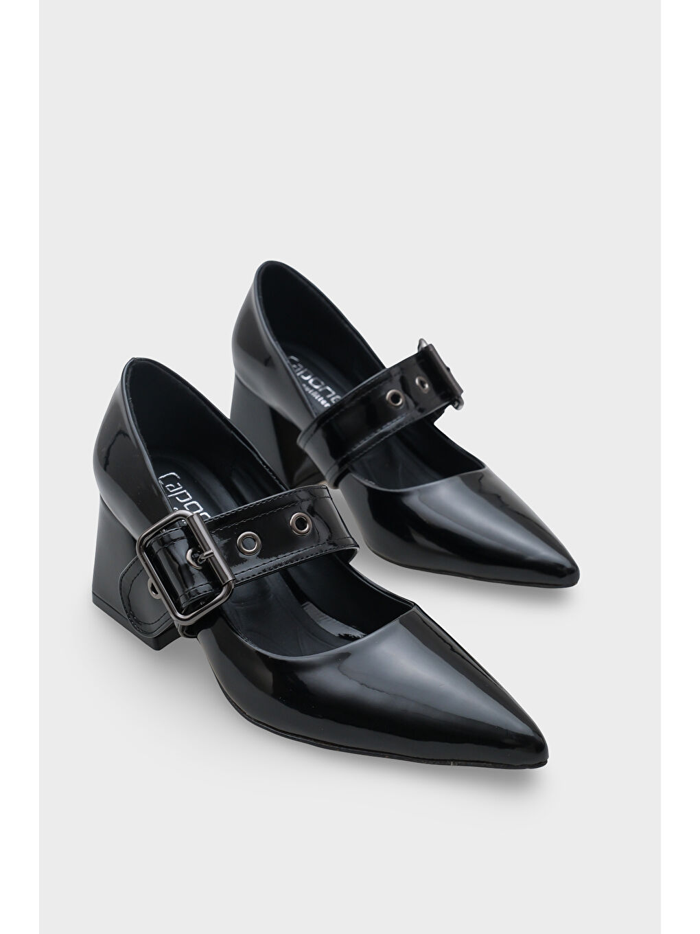 Siyah Catherin Sivri Burunlu Kalın Orta Topuklu Bantlı Kadın Ayakkabı-1