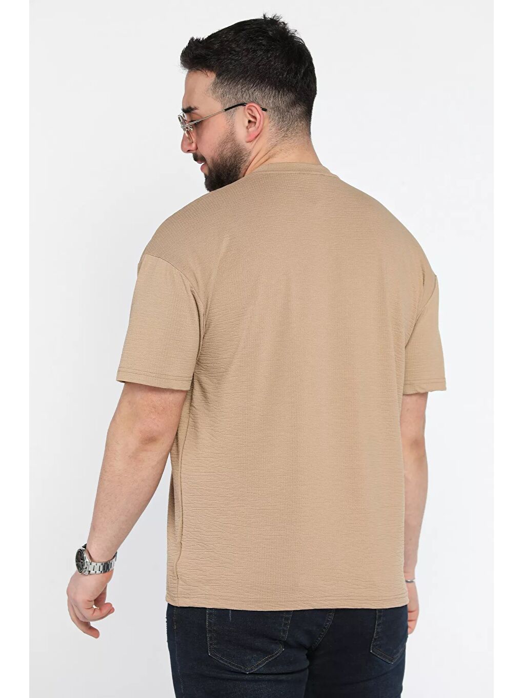 Ekru Erkek Silikon Yazı Baskılı Kendinden Desenli Tişört-2