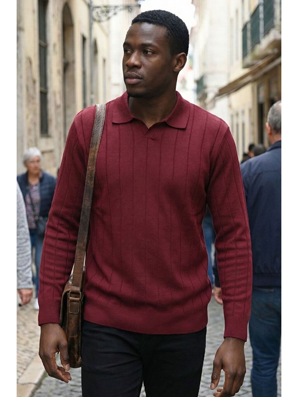 Bordo Polo Yaka Çizgi Desenli Erkek Triko Kazak