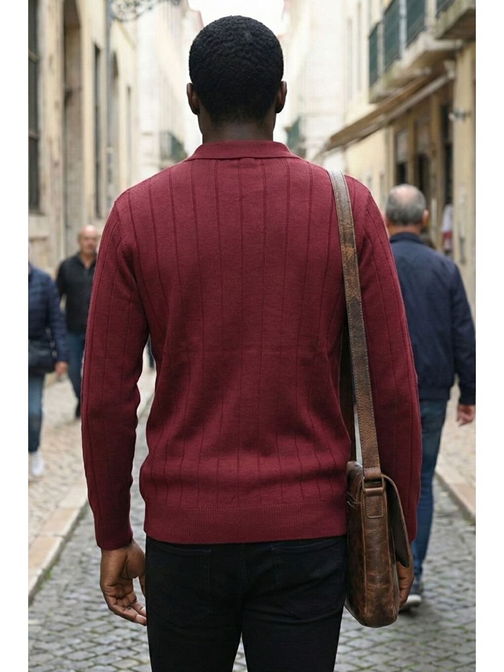 Bordo Polo Yaka Çizgi Desenli Erkek Triko Kazak-1