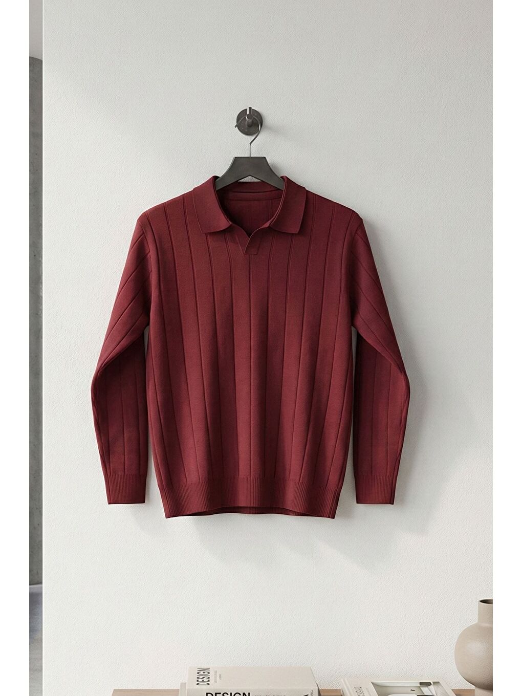 Bordo Polo Yaka Çizgi Desenli Erkek Triko Kazak-2