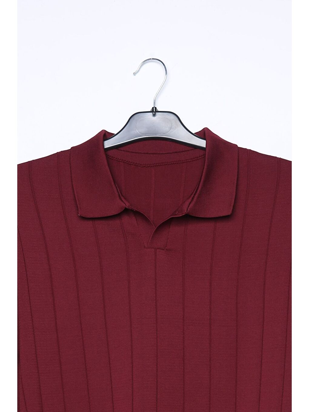 Bordo Polo Yaka Çizgi Desenli Erkek Triko Kazak-3