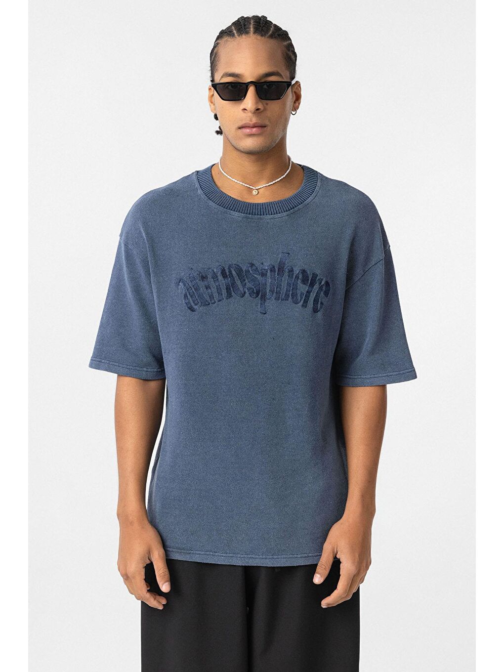 Yıkamalı Oversize Baskılı Tişört İndigo-2