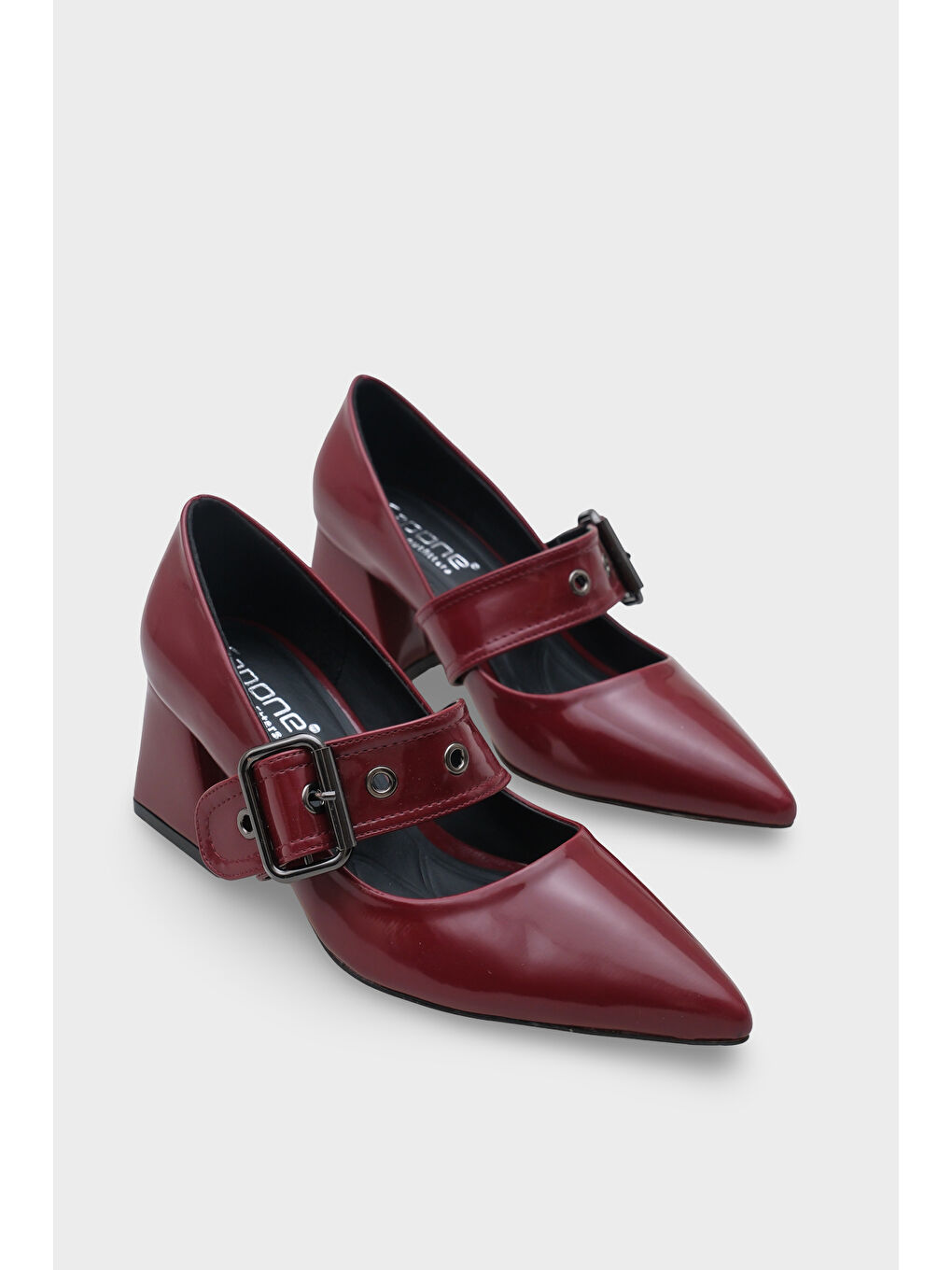 Bordo Catherin Sivri Burunlu Kalın Orta Topuklu Bantlı Kadın Ayakkabı-1