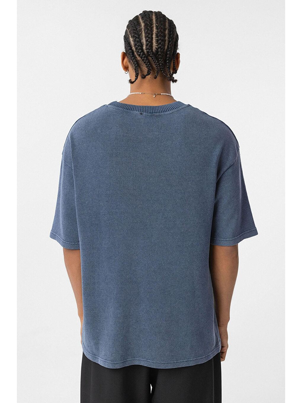 Yıkamalı Oversize Baskılı Tişört İndigo-4