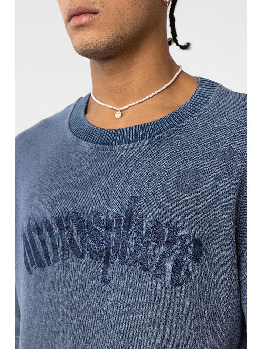 Yıkamalı Oversize Baskılı Tişört İndigo-5