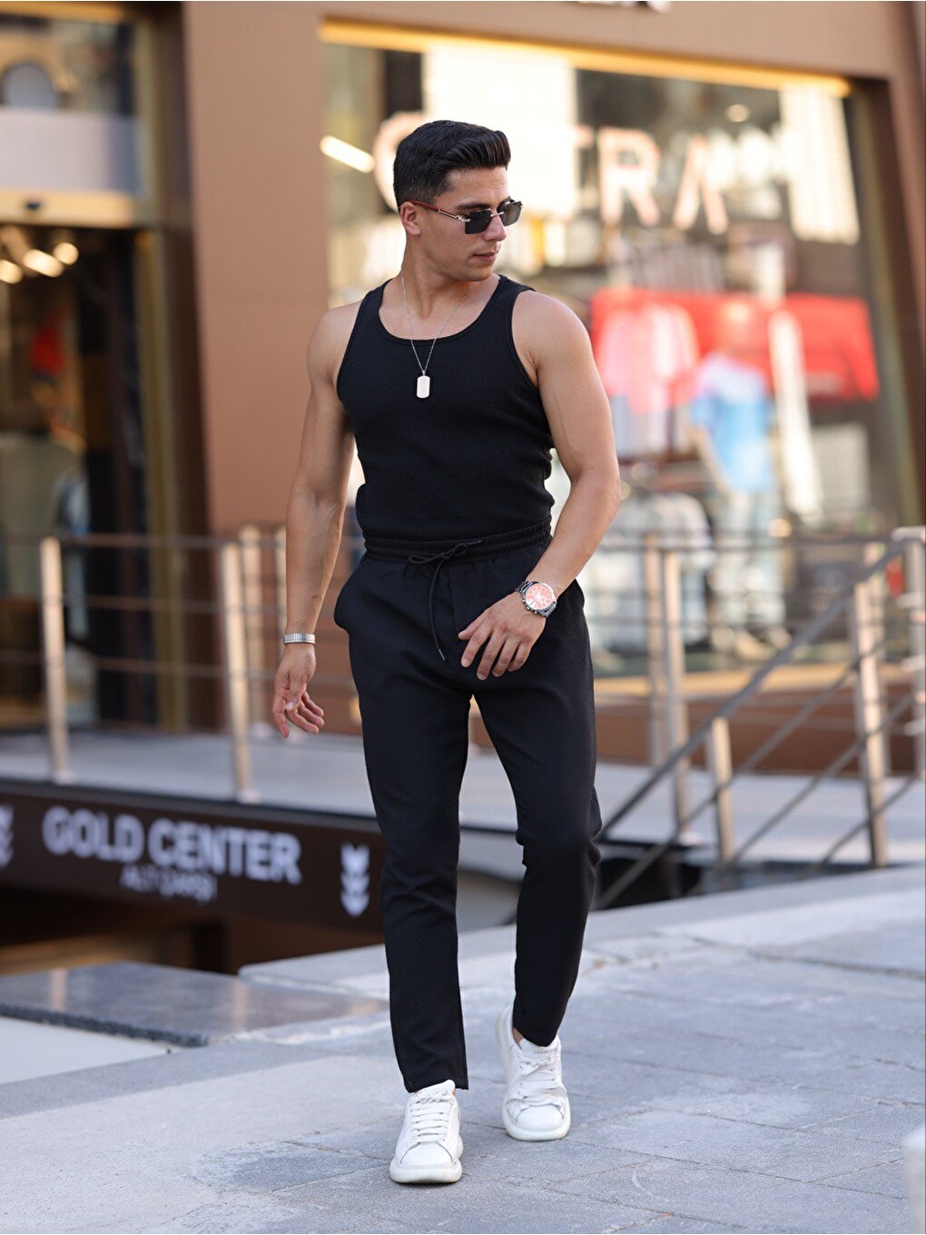 Siyah Slim Fit Bağcıklı, Beli Lastikli Düz Paça, Dokulu Erkek Jogger Pantolon-2