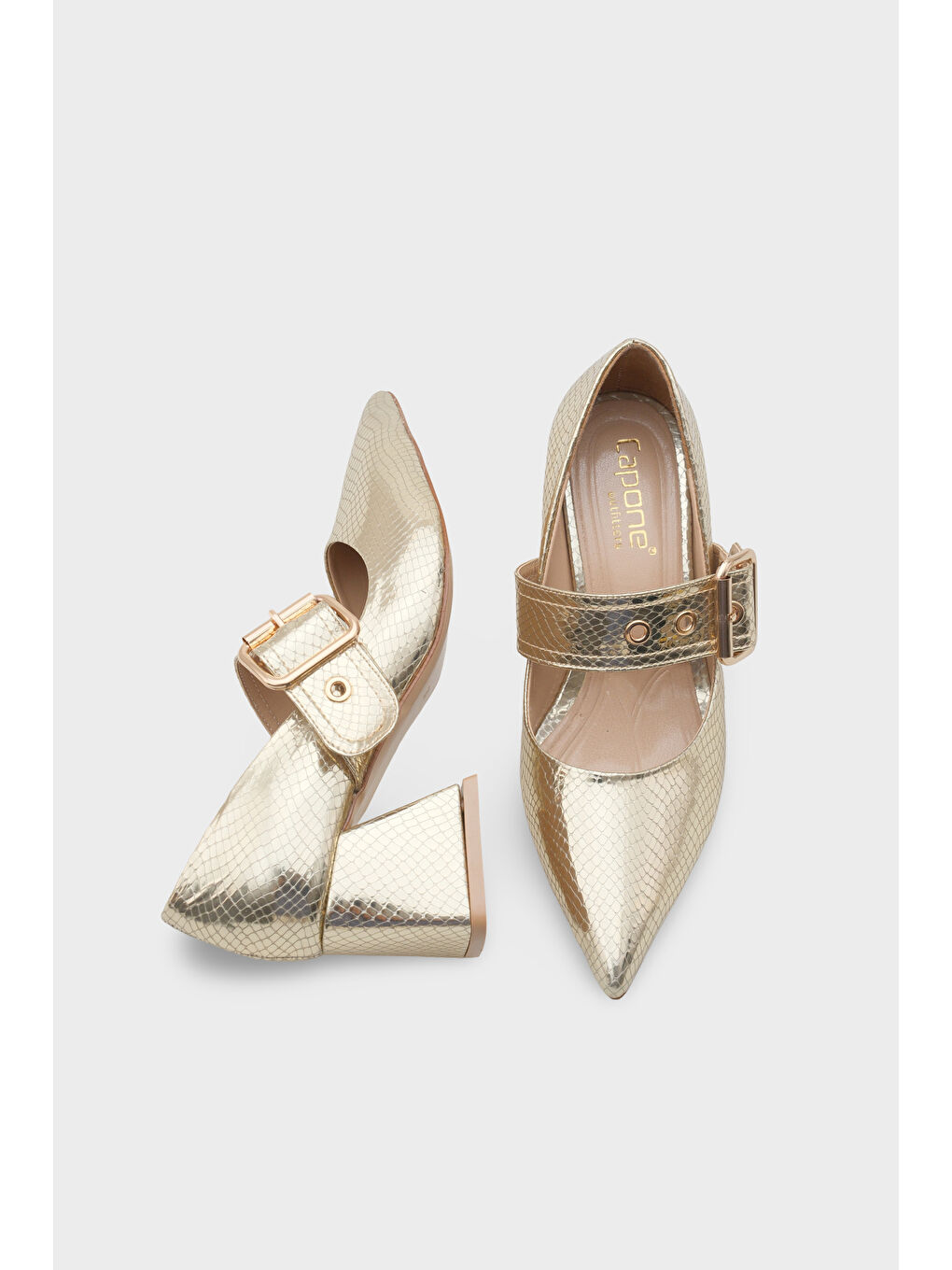 Sarı Catherin Sivri Burunlu Kalın Orta Topuklu Bantlı Kadın Ayakkabı-3