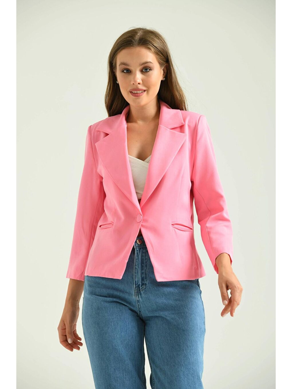 Parkkaron Pembe Kadın Pembe Tek Düğmeli Slim Blazer Ceket - 1