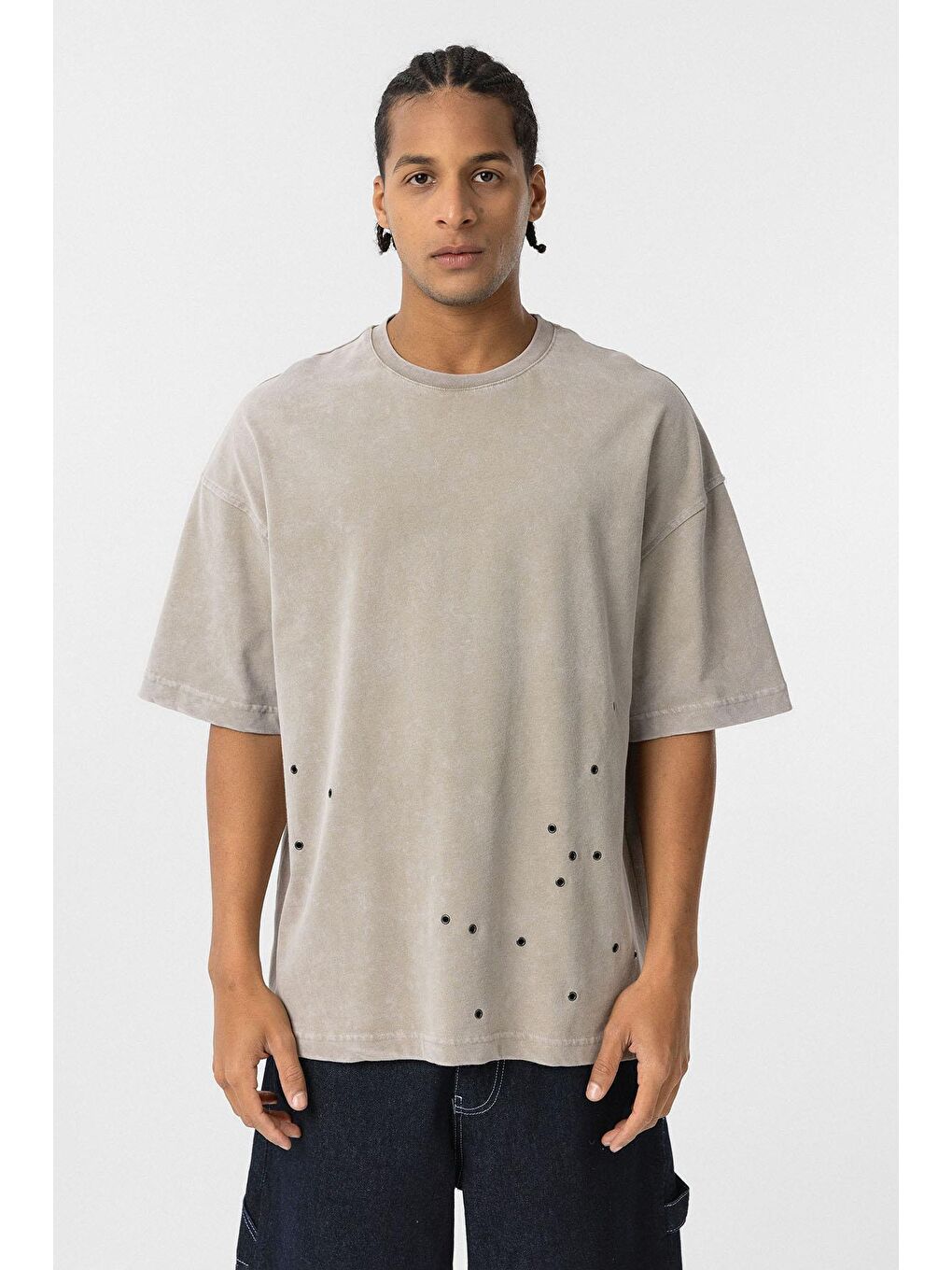 Bej Yıkamalı Metal Detaylı Oversize Tişört Vizon-2