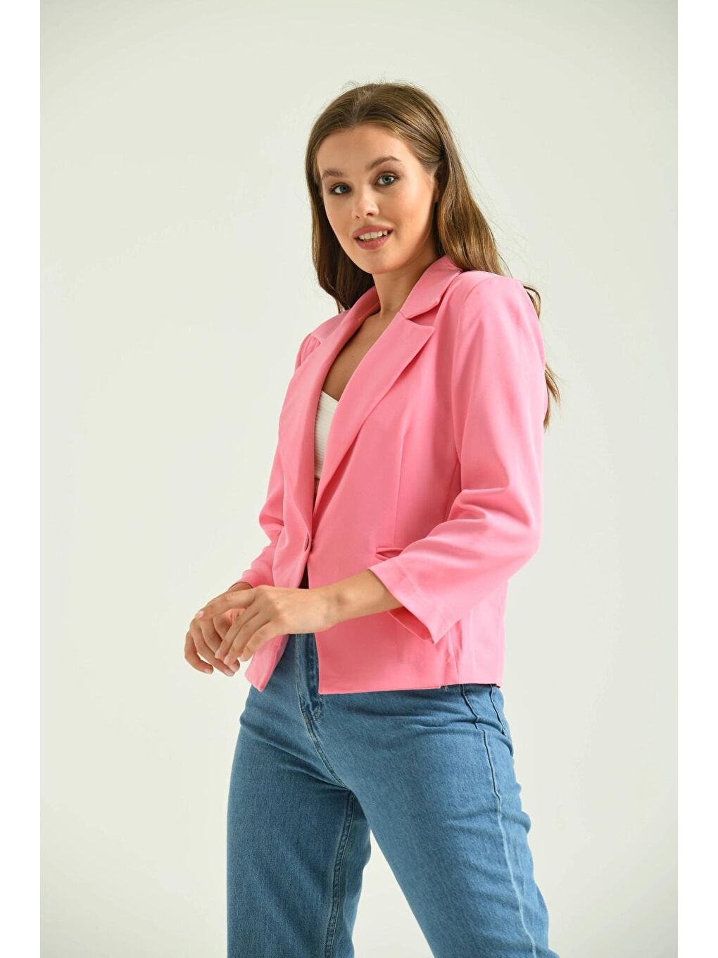 Parkkaron Pembe Kadın Pembe Tek Düğmeli Slim Blazer Ceket - 2