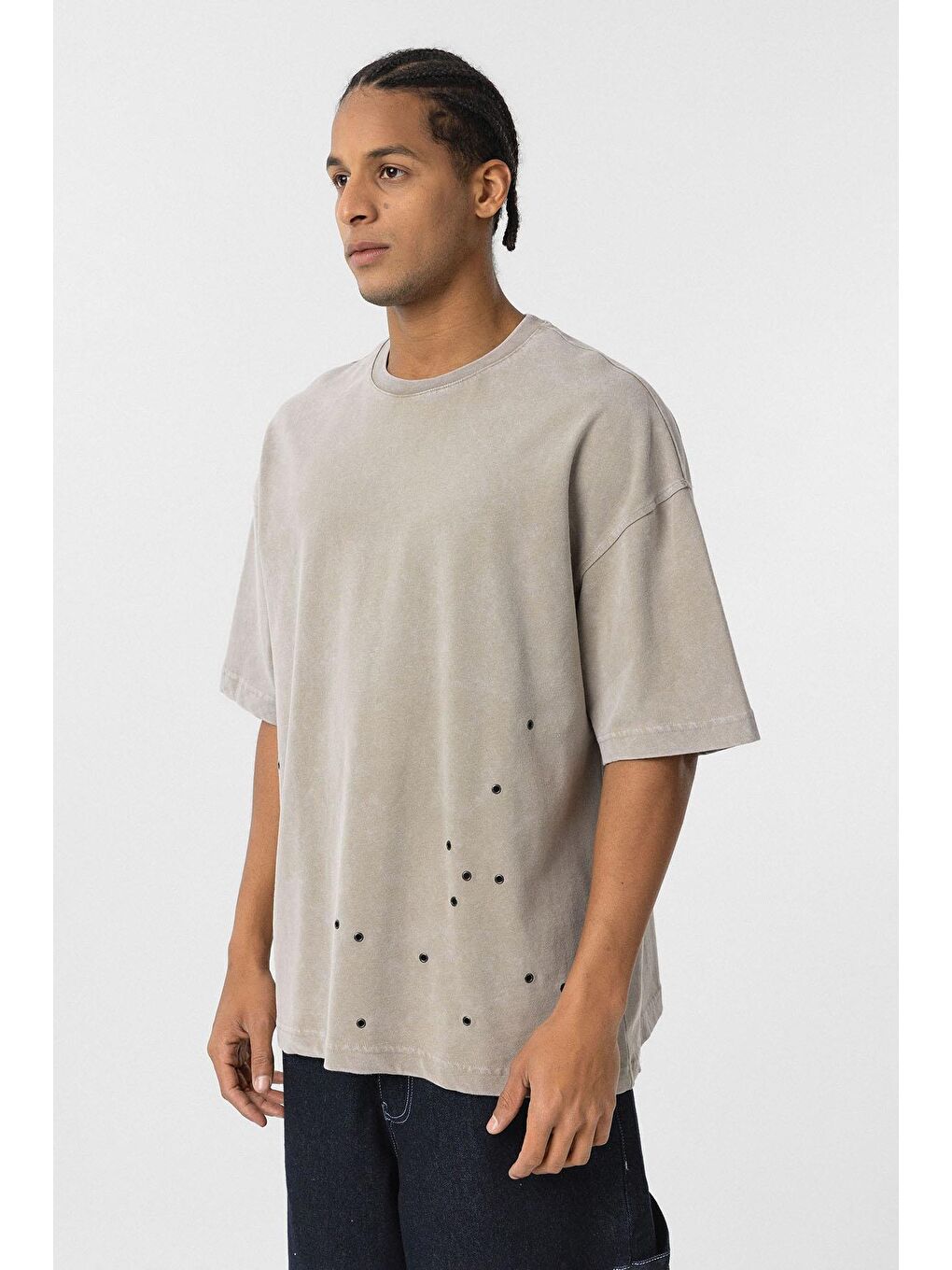 Bej Yıkamalı Metal Detaylı Oversize Tişört Vizon-4