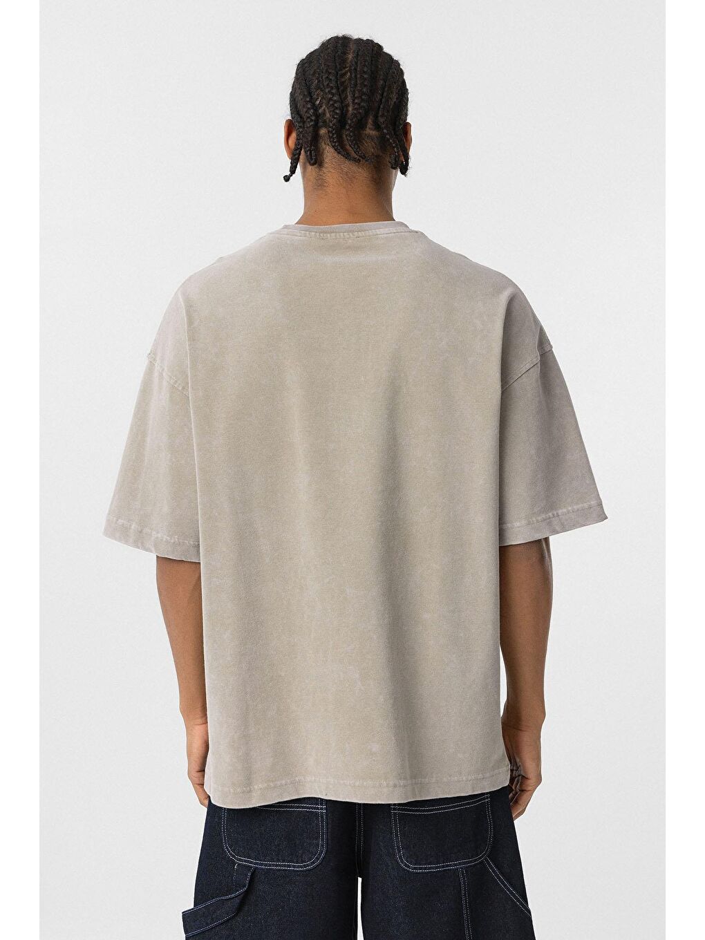 Bej Yıkamalı Metal Detaylı Oversize Tişört Vizon-5