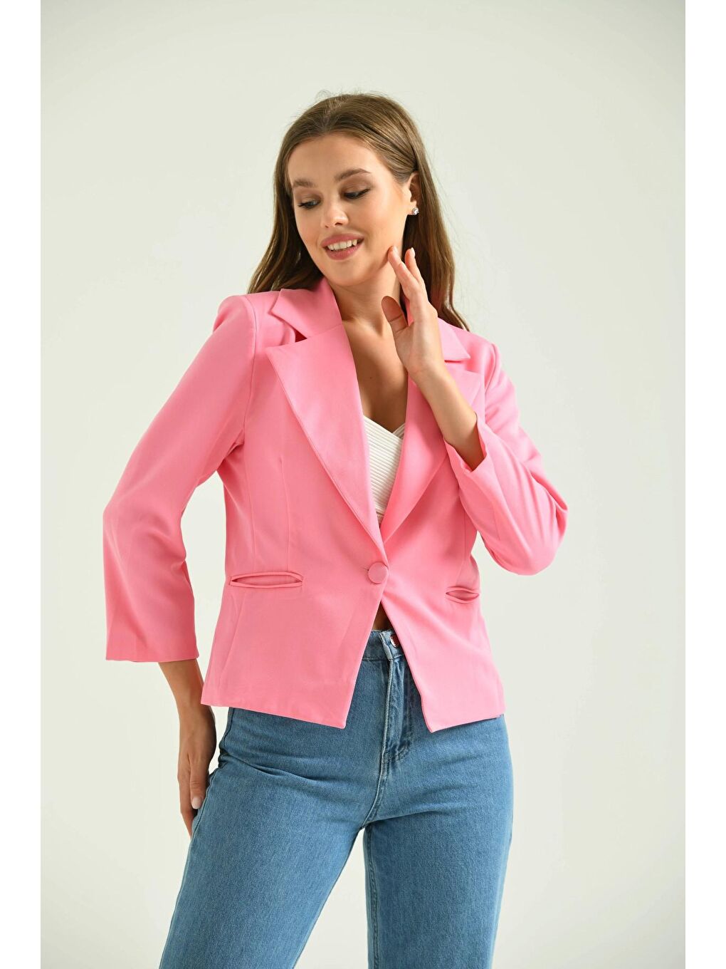 Parkkaron Pembe Kadın Pembe Tek Düğmeli Slim Blazer Ceket - 3