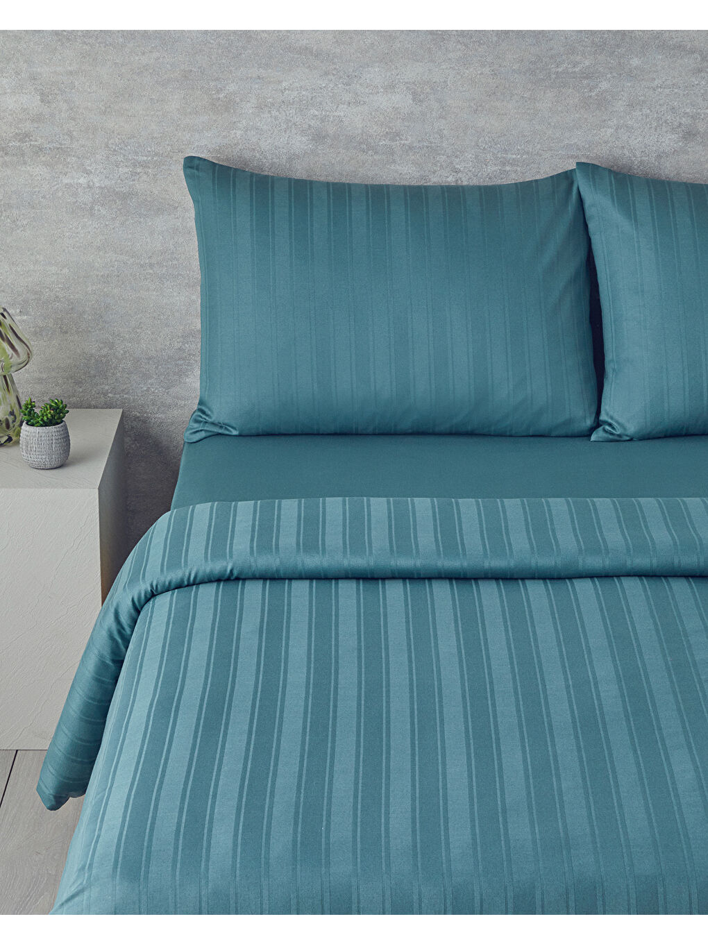 Lior Çizgili Pamuk Saten King Size Nevresim Takımı Yeşil-1