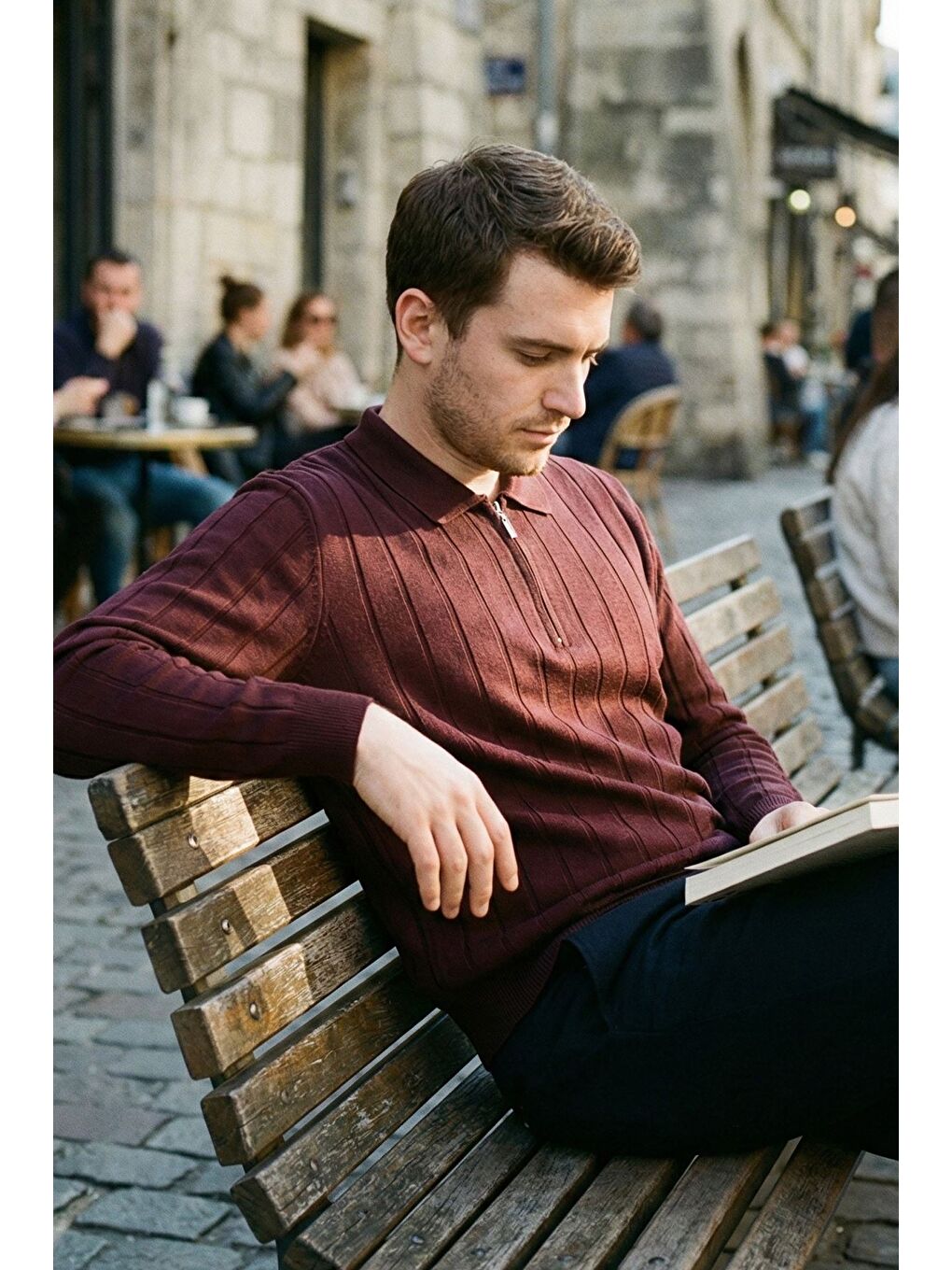 Bordo Polo Yaka Yarım Fermuarlı Erkek Triko Kazak-1