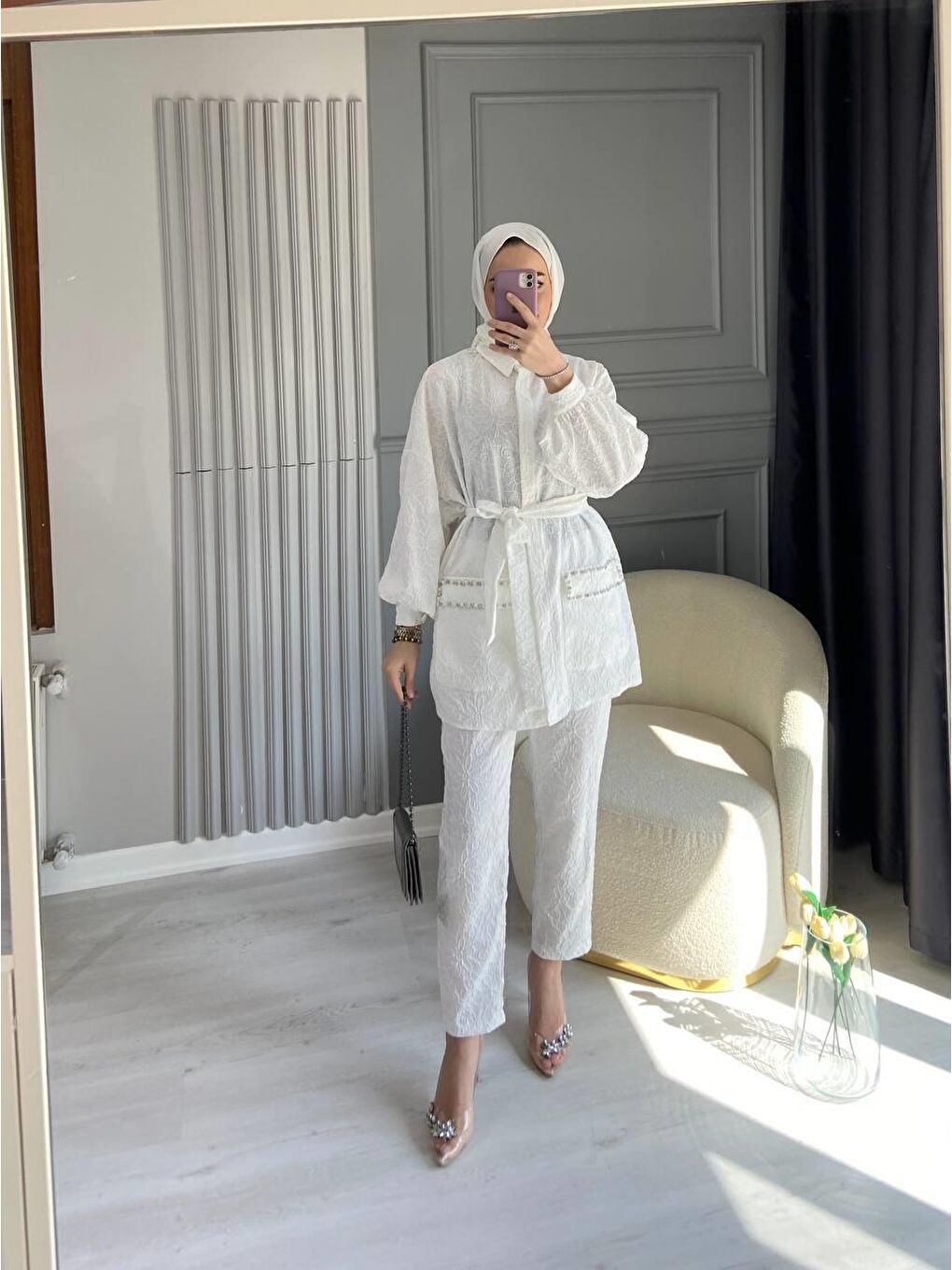 Beyaz Kadın Jakarlı Bel Kuşaklı Cep Taşlı Alt Üst Takım-2