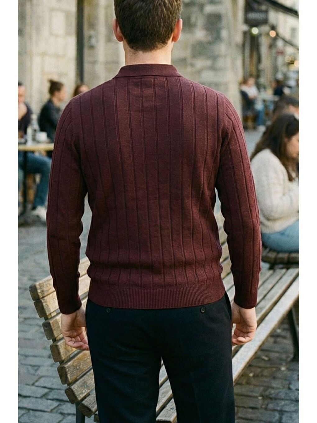 Bordo Polo Yaka Yarım Fermuarlı Erkek Triko Kazak-2