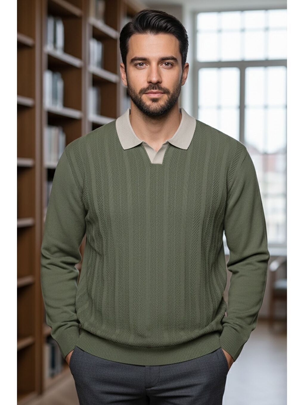 Haki Erkek Polo Yaka Kendinden Desenli Triko Kazak