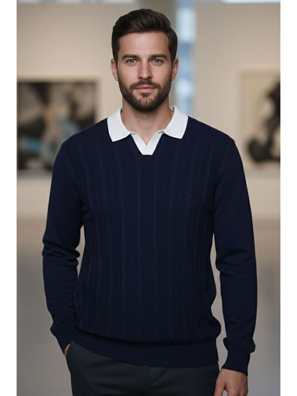 Lacivert Erkek Polo Yaka Kendinden Desenli Triko Kazak