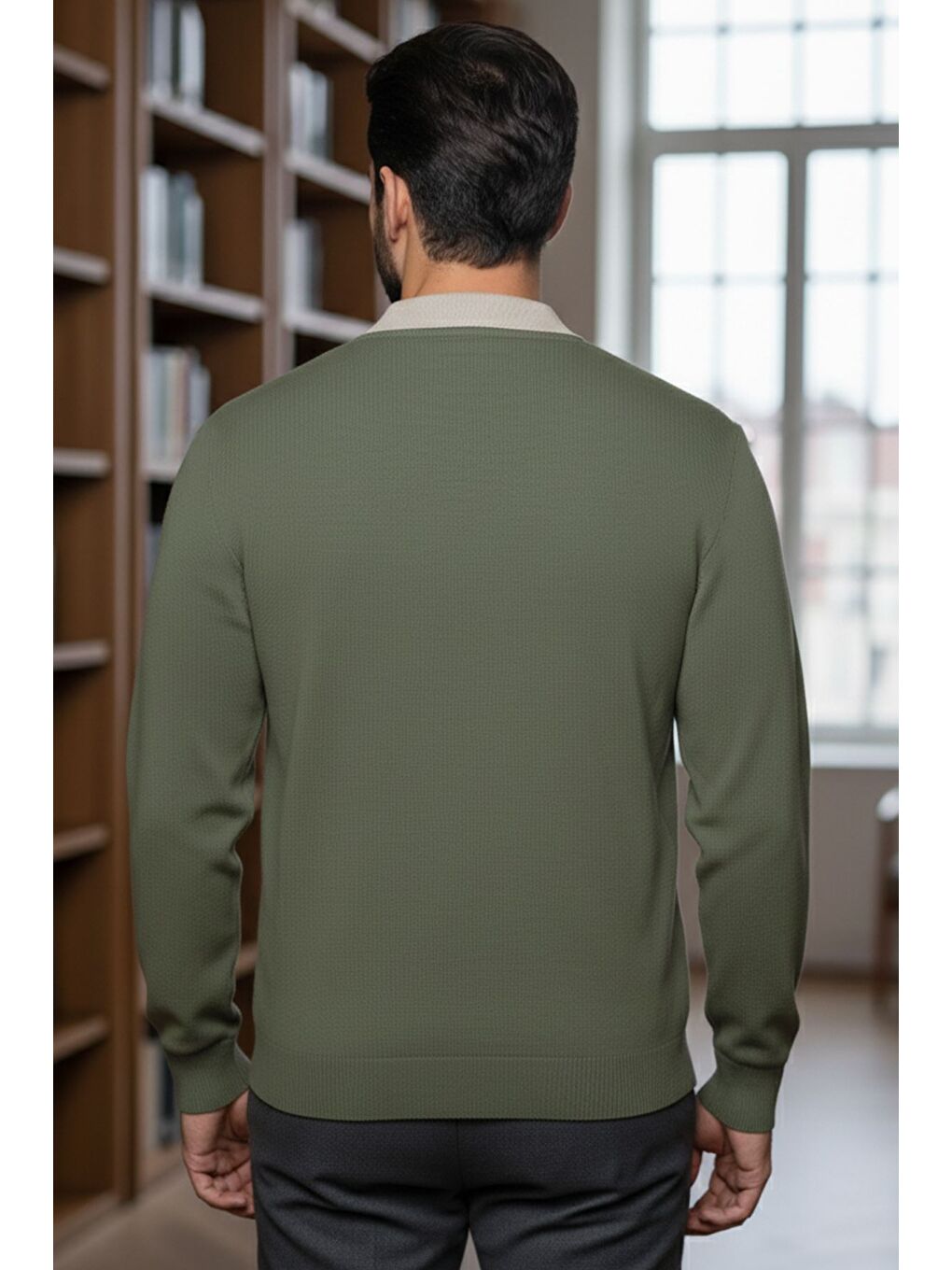 Haki Erkek Polo Yaka Kendinden Desenli Triko Kazak-1