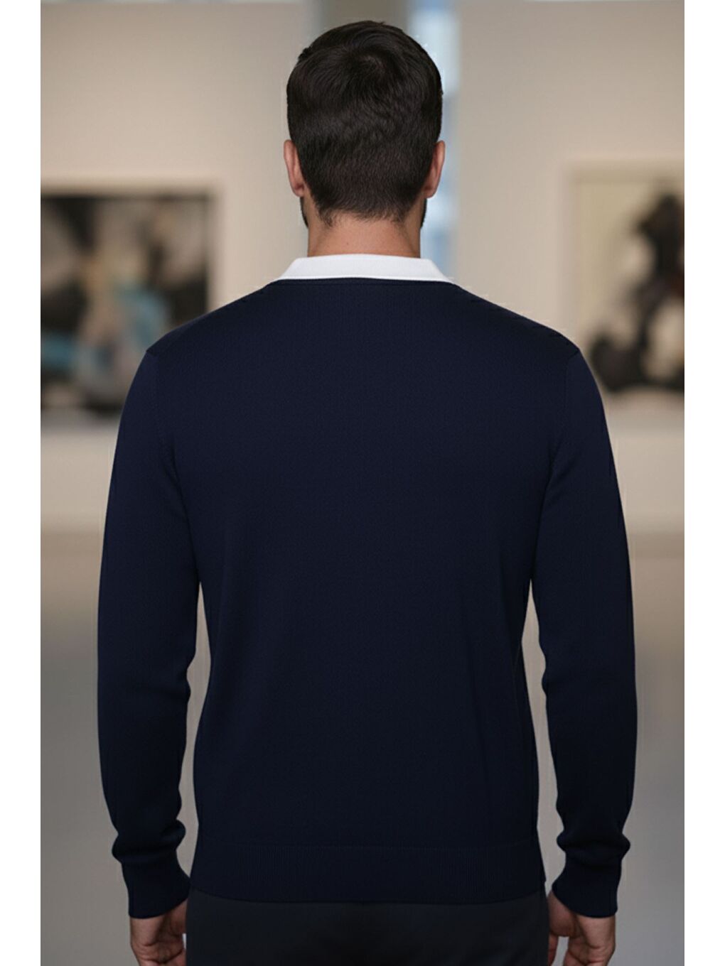 Lacivert Erkek Polo Yaka Kendinden Desenli Triko Kazak-1