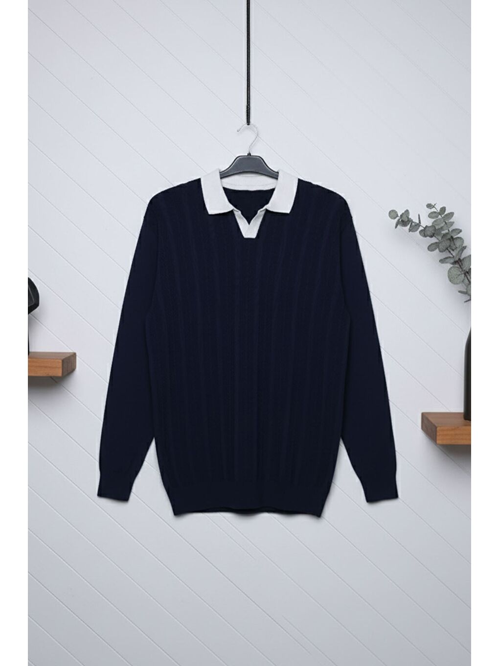 Lacivert Erkek Polo Yaka Kendinden Desenli Triko Kazak-2