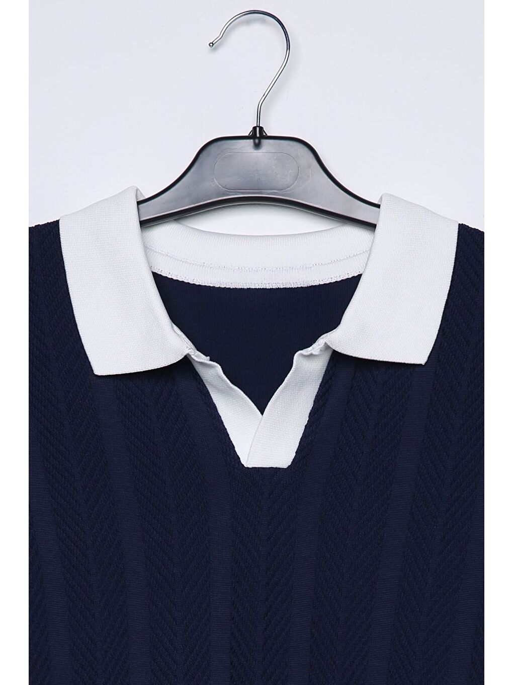 Lacivert Erkek Polo Yaka Kendinden Desenli Triko Kazak-3