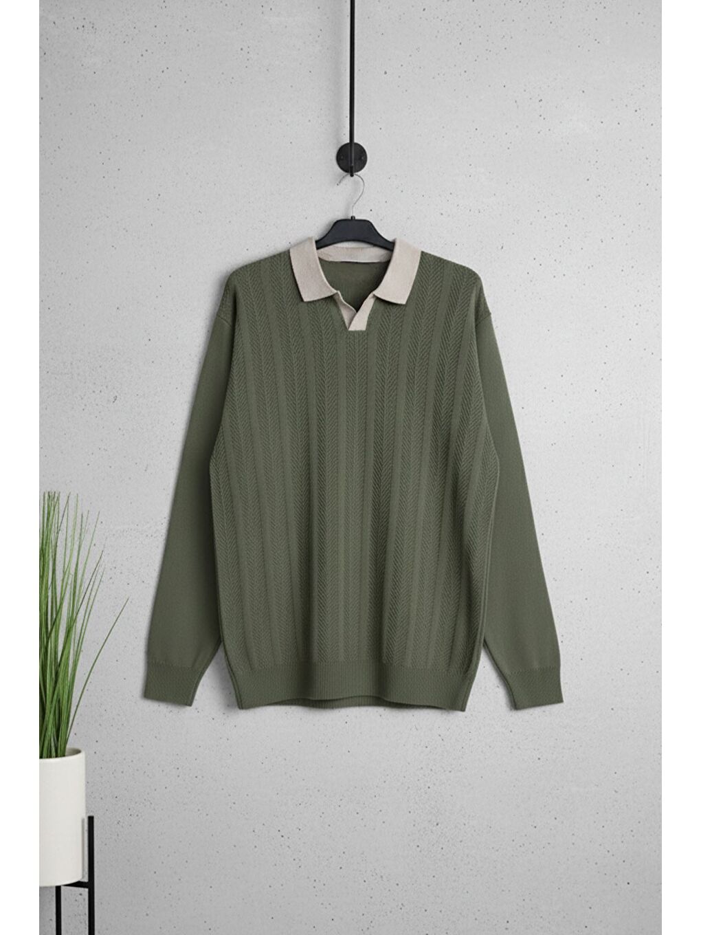 Haki Erkek Polo Yaka Kendinden Desenli Triko Kazak-2