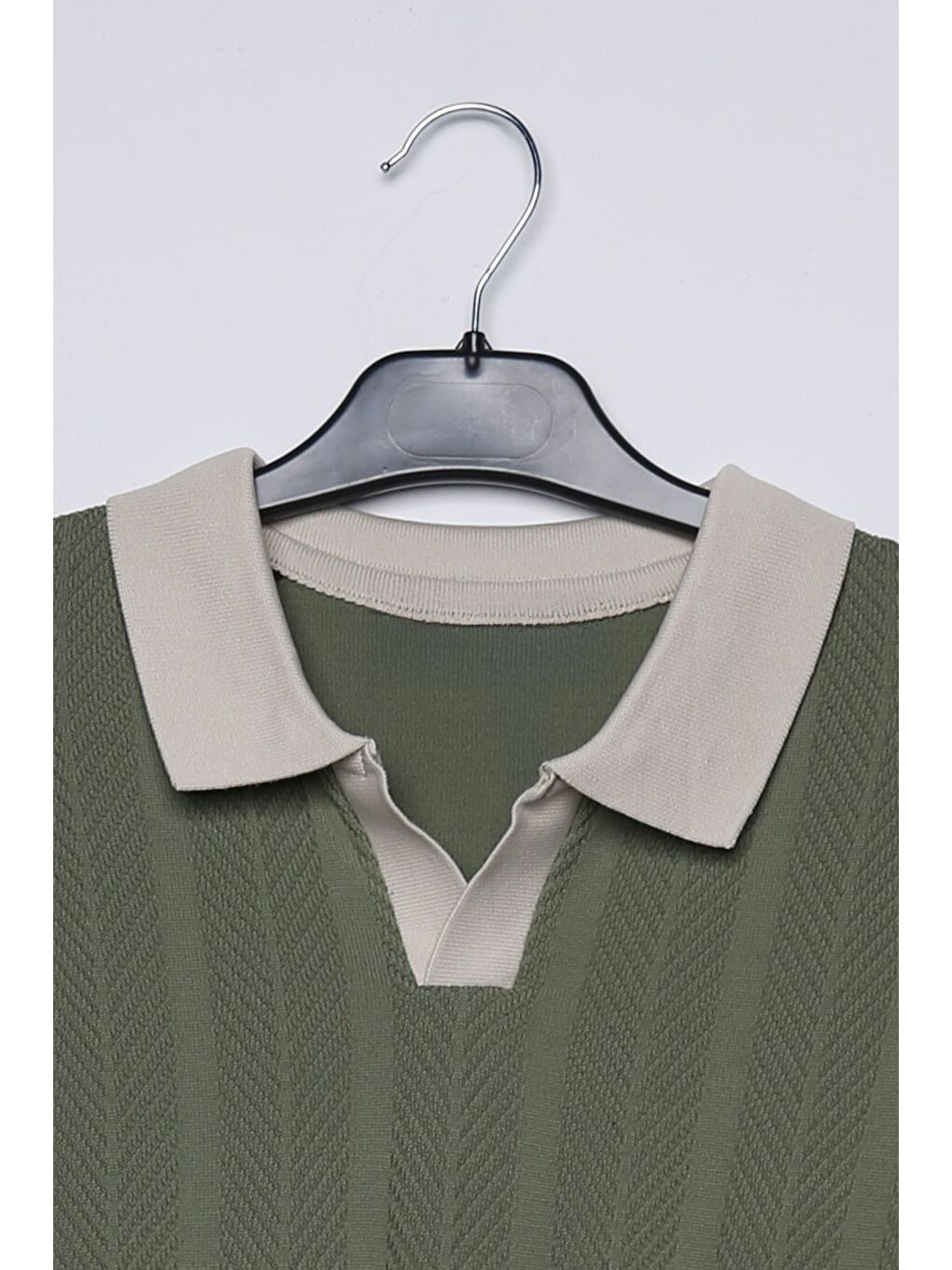 Haki Erkek Polo Yaka Kendinden Desenli Triko Kazak-3