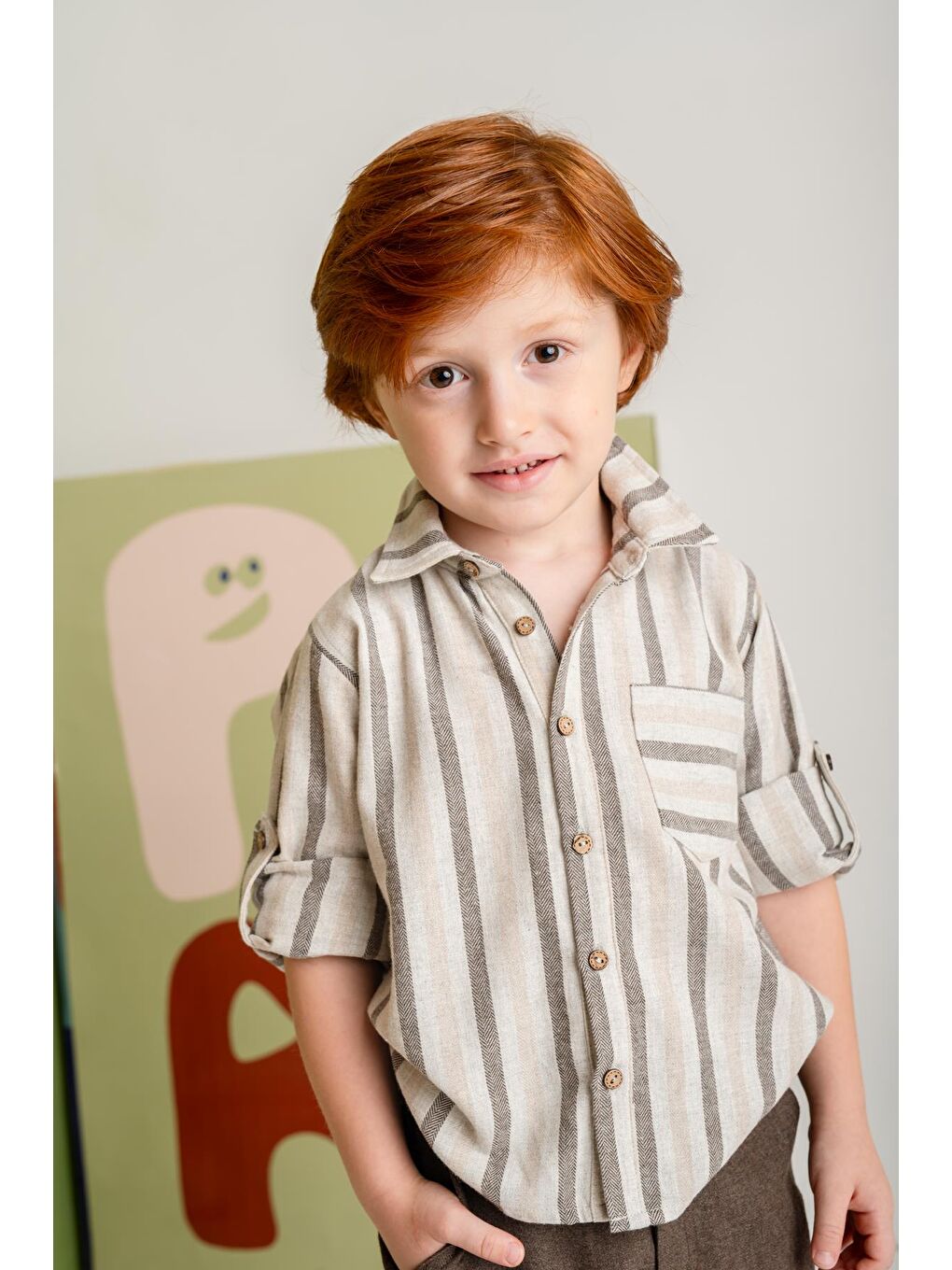 Erkek Çocuk Çizgili İnce Kaşe Gömlek - Kahverengi