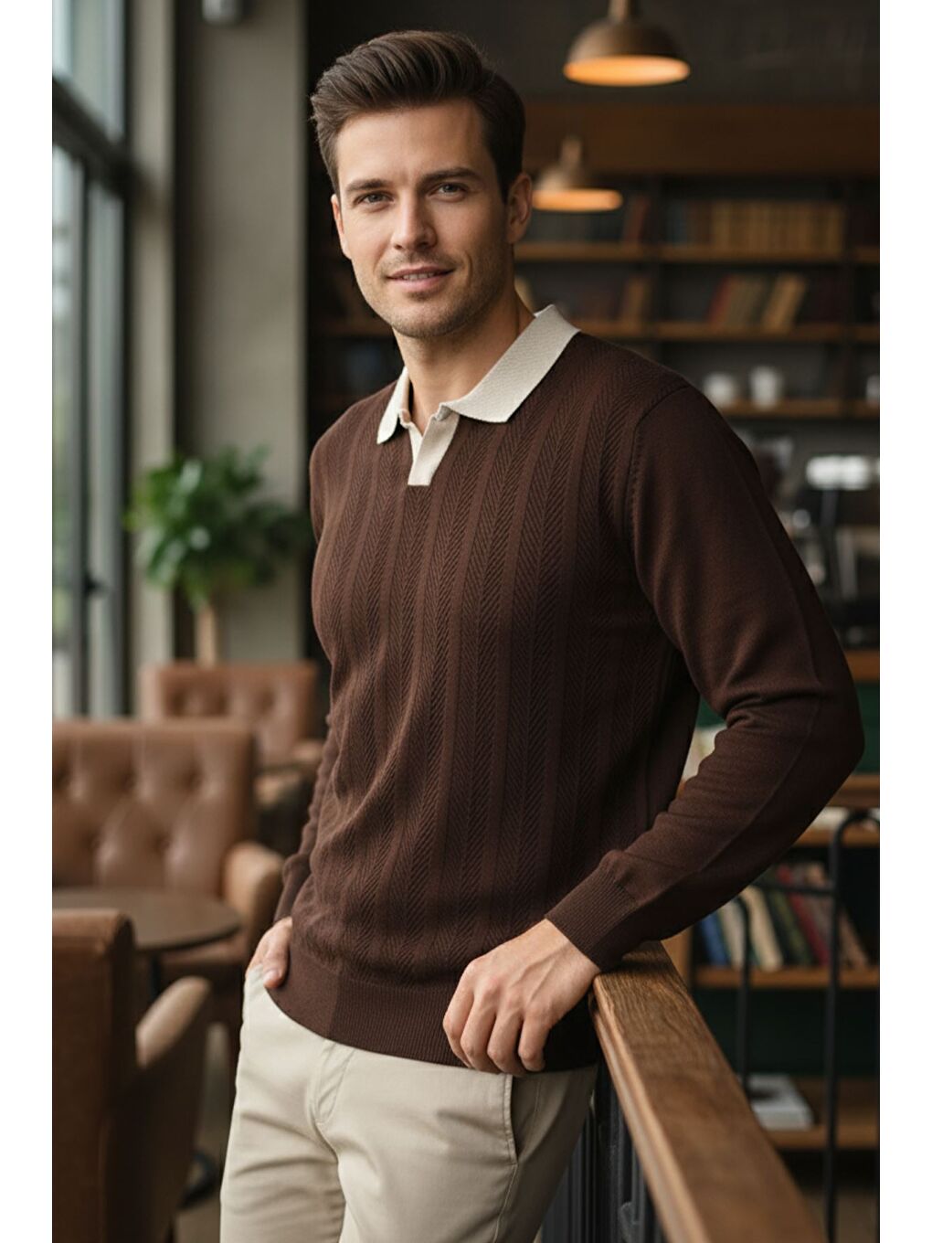 Kahverengi Erkek Polo Yaka Kendinden Desenli Triko Kazak