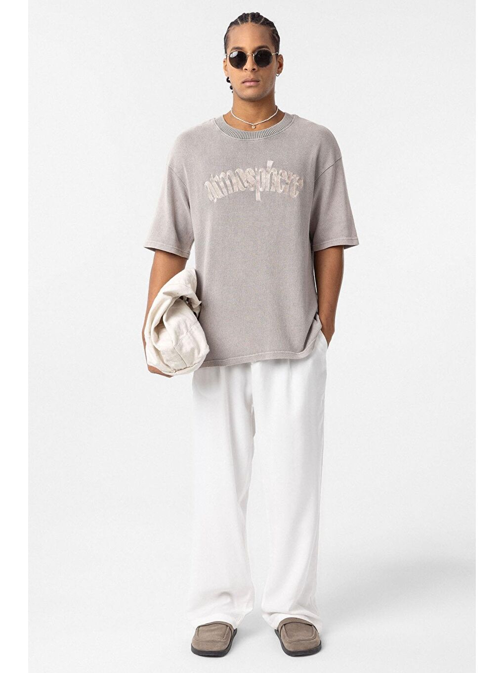 Bej Yıkamalı Oversize Baskılı Tişört Taş