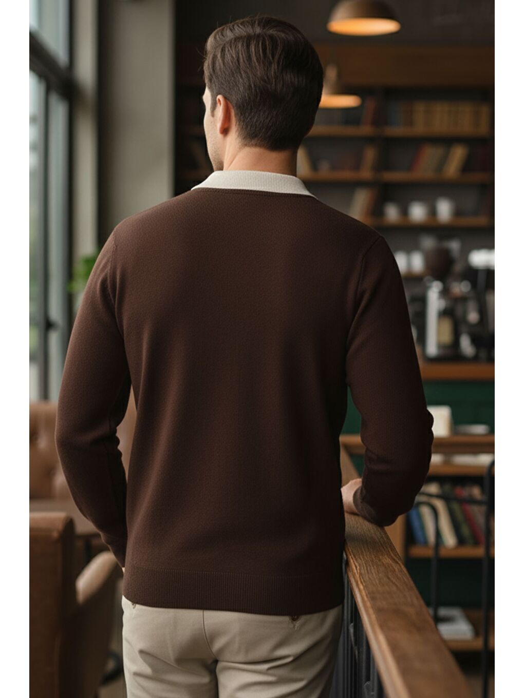 Kahverengi Erkek Polo Yaka Kendinden Desenli Triko Kazak-1