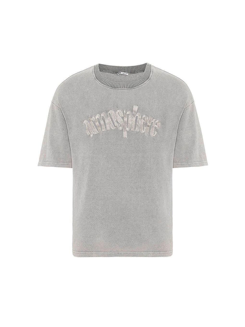 Bej Yıkamalı Oversize Baskılı Tişört Taş-1