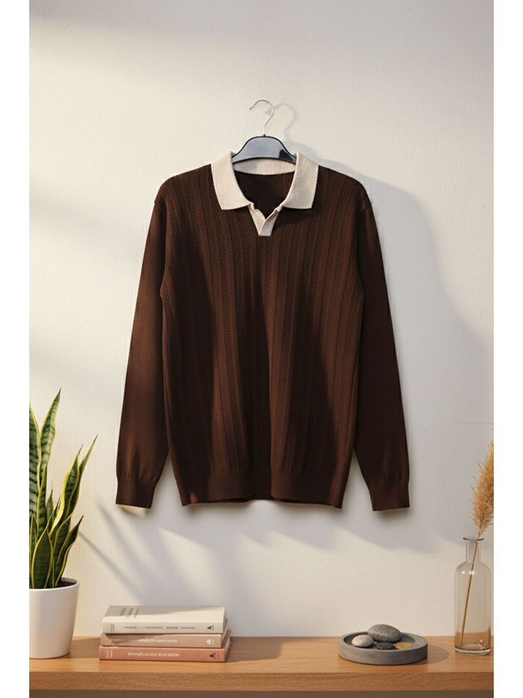 Kahverengi Erkek Polo Yaka Kendinden Desenli Triko Kazak-2