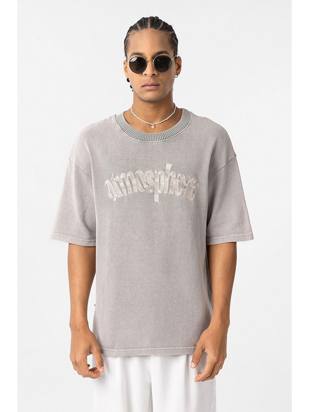 Bej Yıkamalı Oversize Baskılı Tişört Taş-2