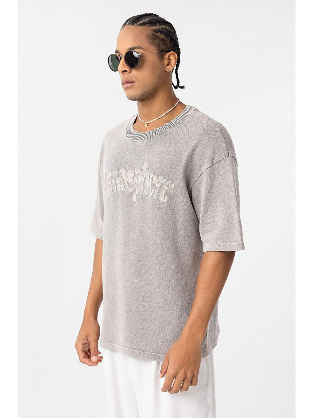 Bej Yıkamalı Oversize Baskılı Tişört Taş-3