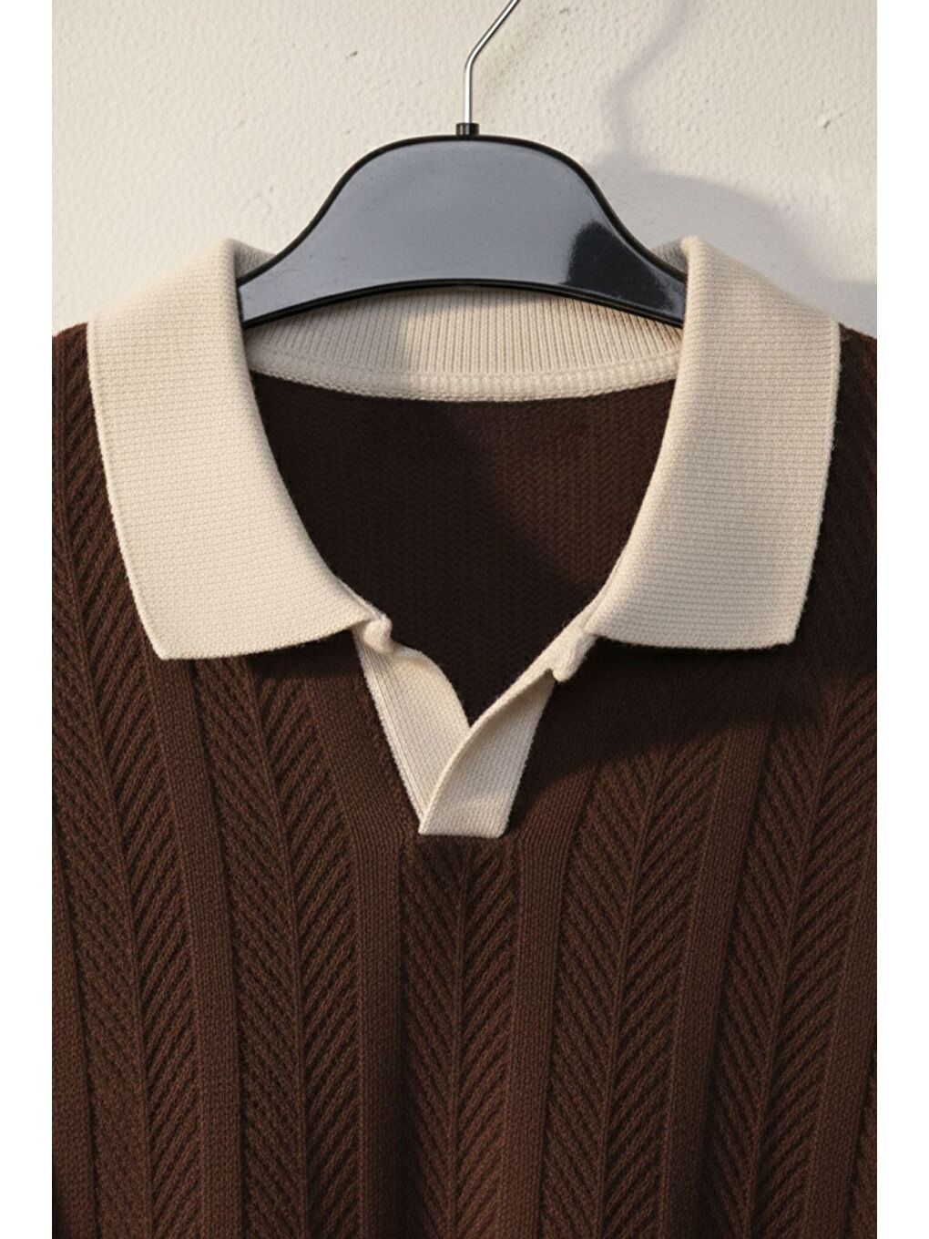 Kahverengi Erkek Polo Yaka Kendinden Desenli Triko Kazak-3