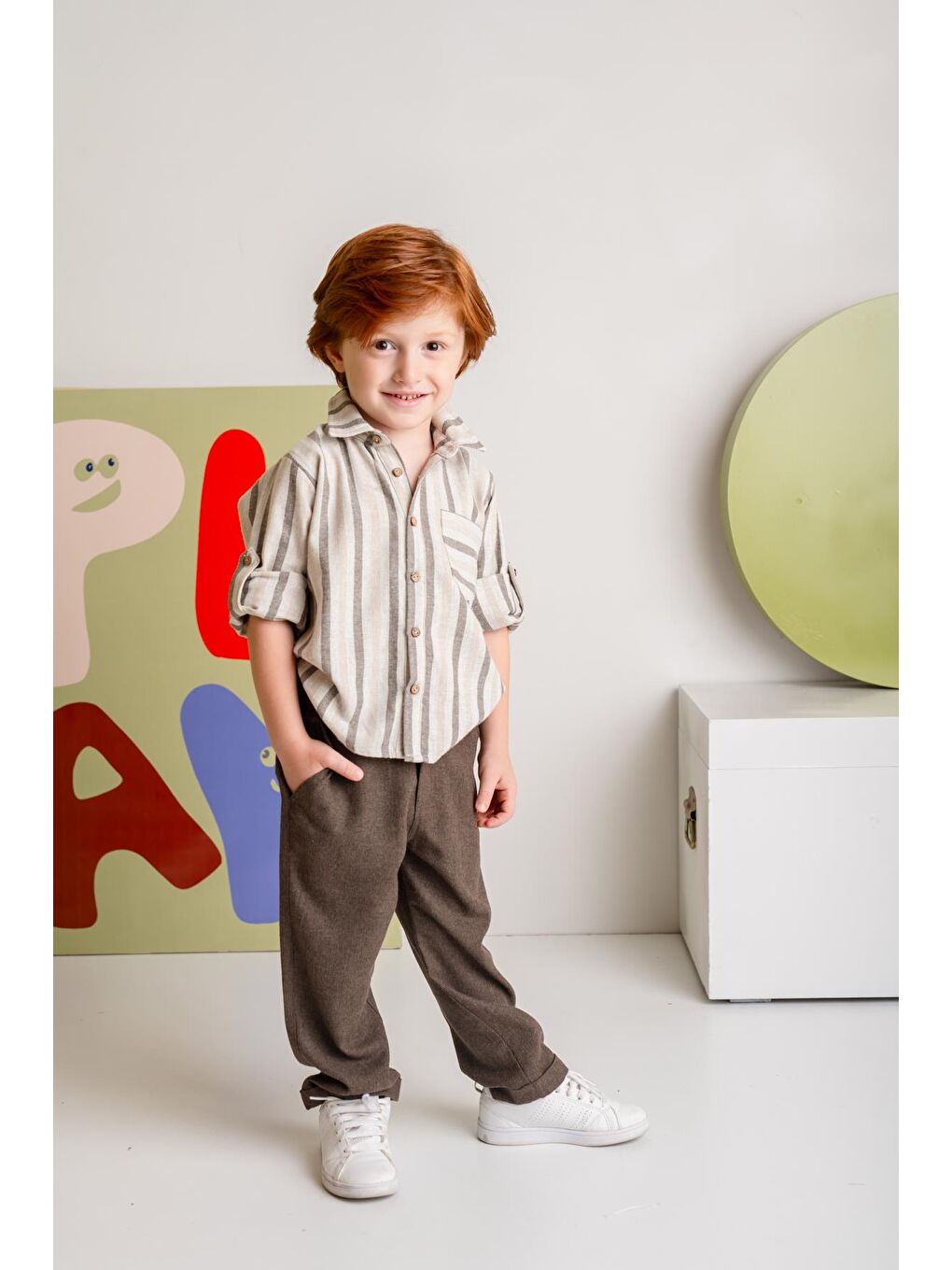 Erkek Çocuk Çizgili İnce Kaşe Gömlek - Kahverengi-1