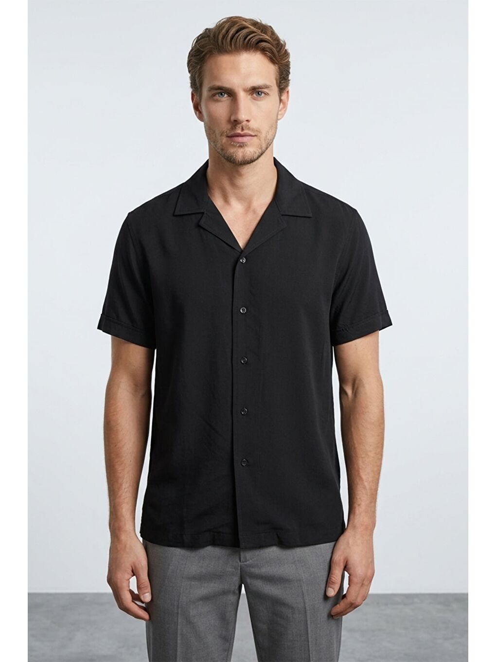 Siyah Basic Kolu Katlı  Regular Fit Gömlek-1