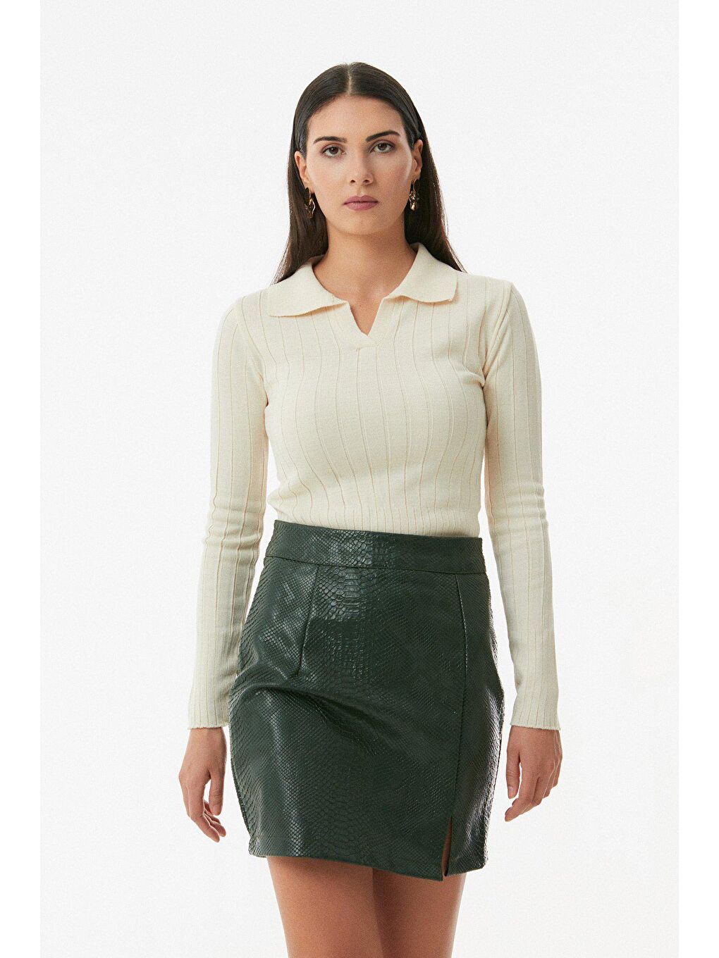 Bej Basic Polo Yaka Triko Kazak