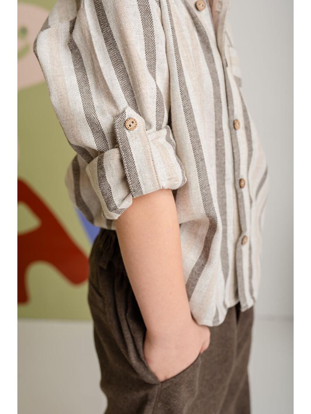 Erkek Çocuk Çizgili İnce Kaşe Gömlek - Kahverengi-2