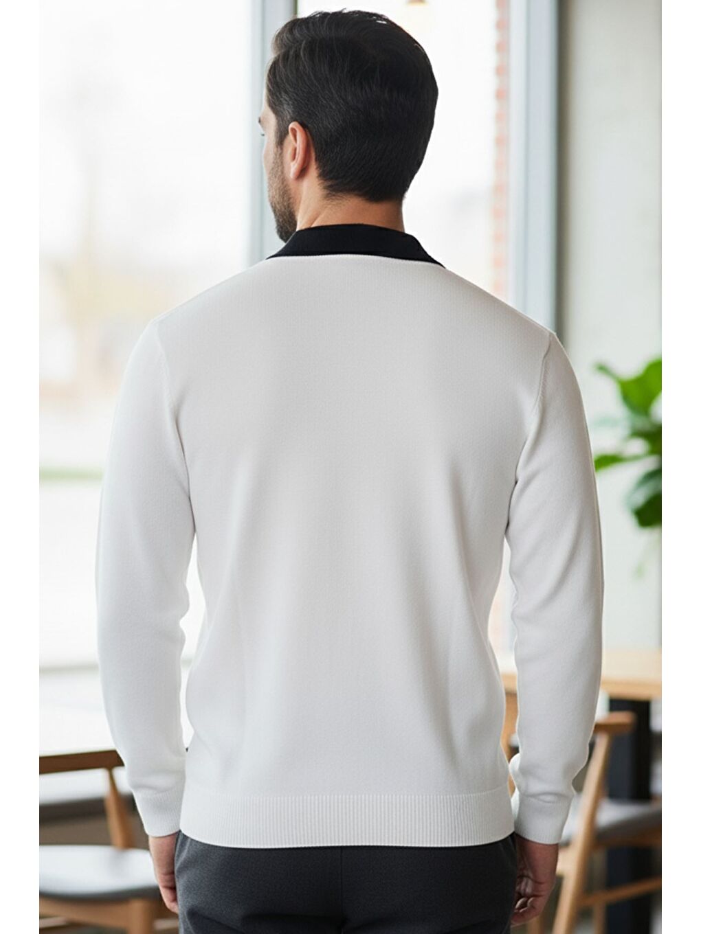 Beyaz Erkek Polo Yaka Kendinden Desenli Triko Kazak-1