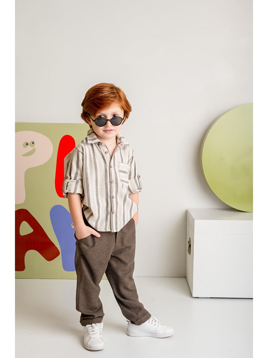 Erkek Çocuk Çizgili İnce Kaşe Gömlek - Kahverengi-3