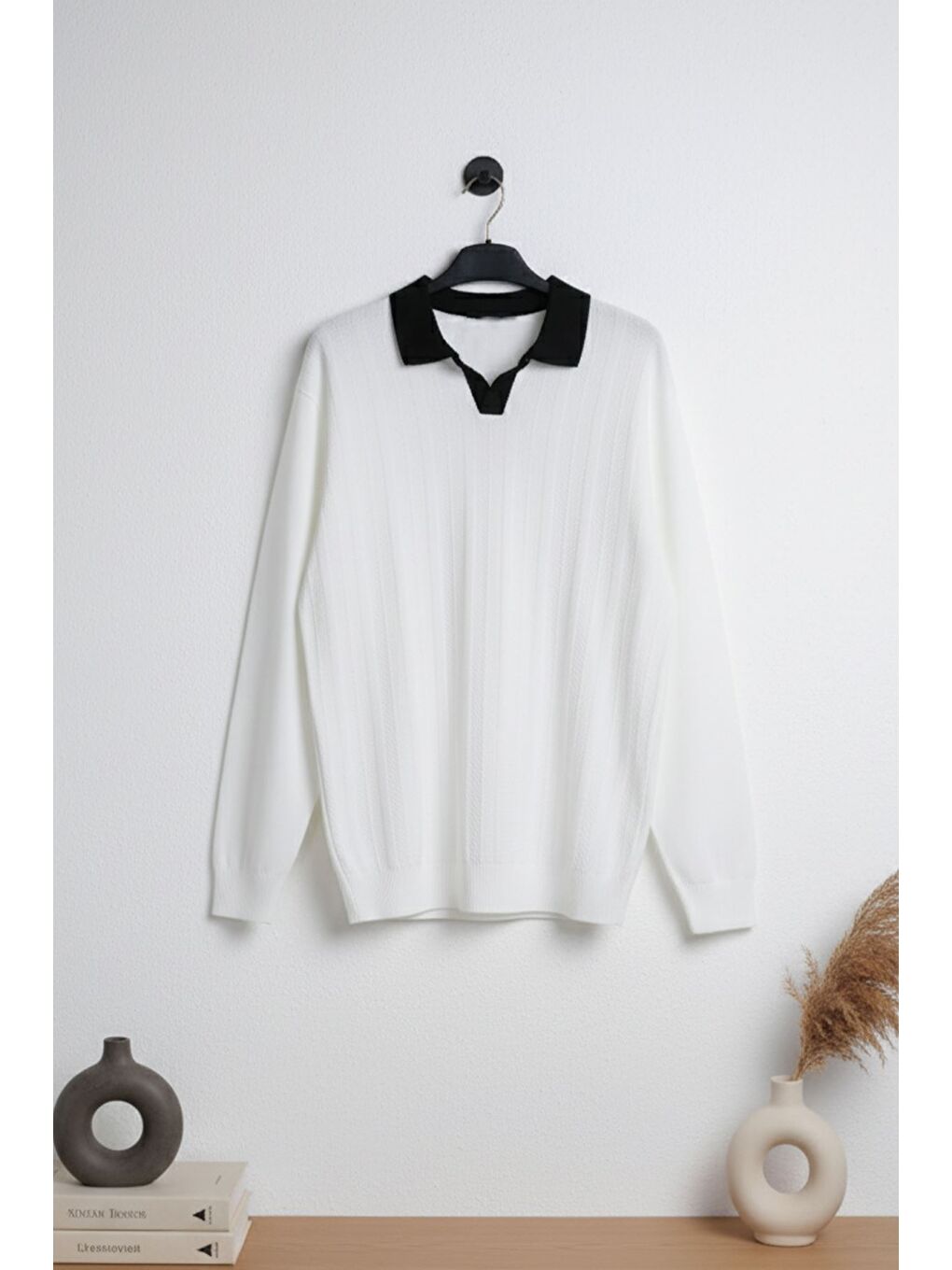 Beyaz Erkek Polo Yaka Kendinden Desenli Triko Kazak-2