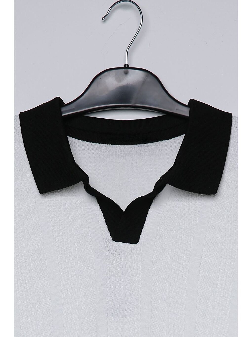 Beyaz Erkek Polo Yaka Kendinden Desenli Triko Kazak-3